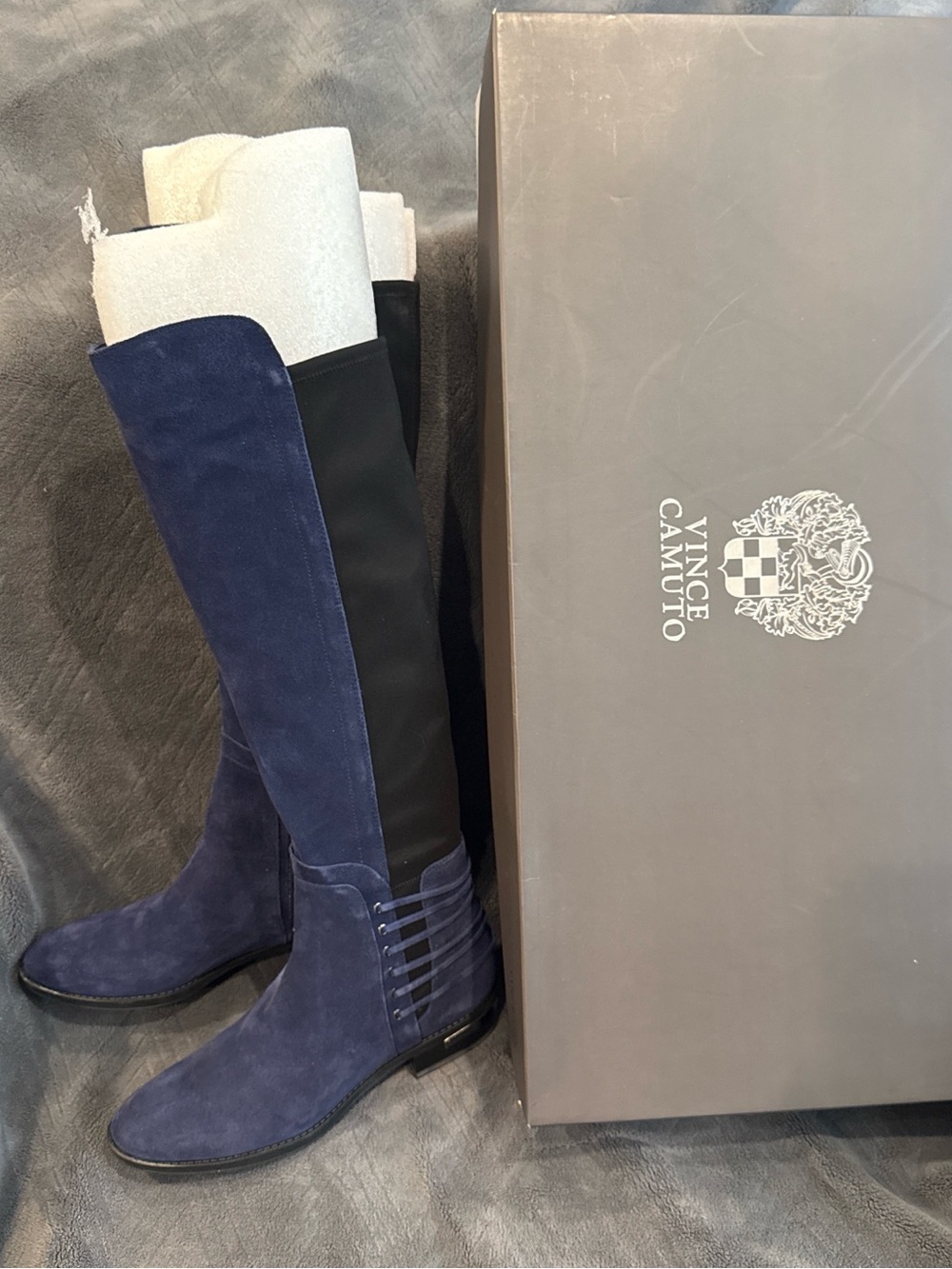 Vince Camuto Navy Suede & Black Stretch Knee Boots 8.5